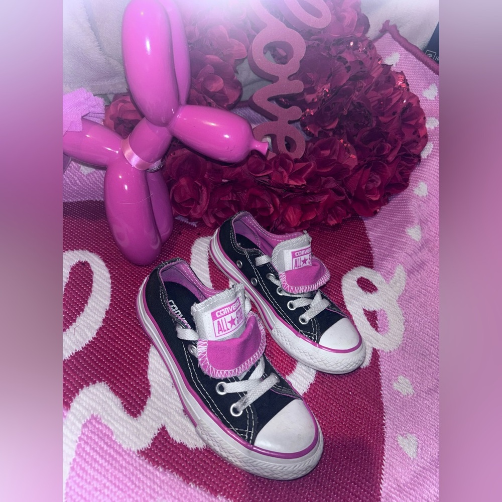 Girls Size 11 Converse All Star Double Tongue Sneakers – Pink & Black